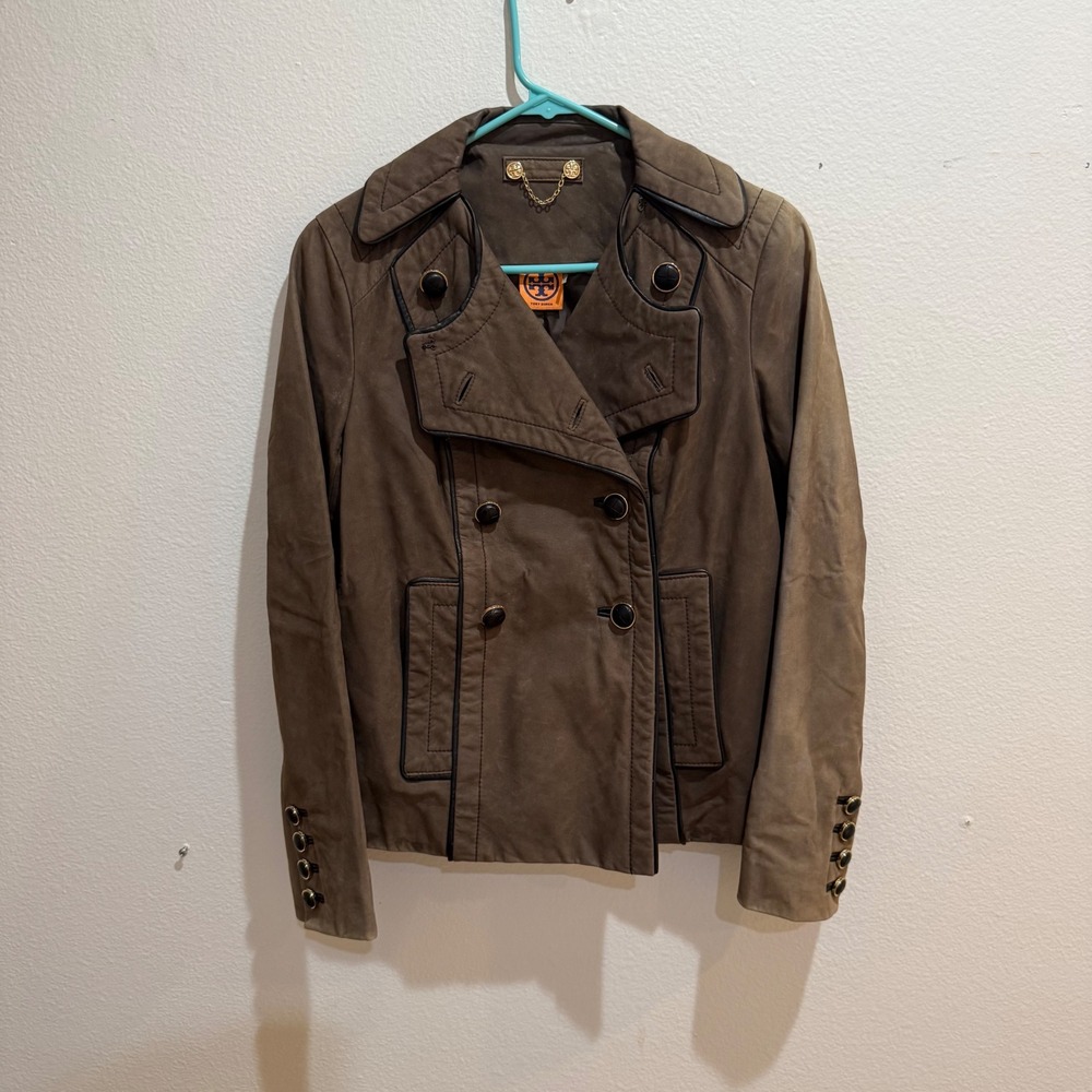 Tory Burch Olive Brown Leather Double Breasted Military Jacket XS